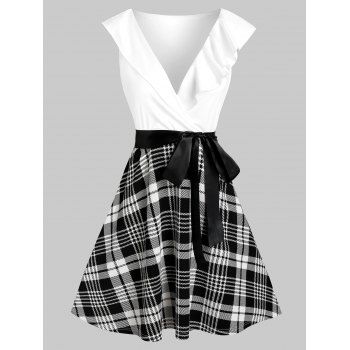 

Plaid Print Plunge Neck Belted Flare Dress, White