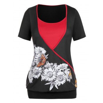 

Plus Size Sunflower Butterfly Print Two Tone T Shirt, Black