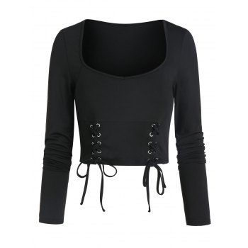 

Lace-up Front Long Sleeve Cropped T-shirt, Black
