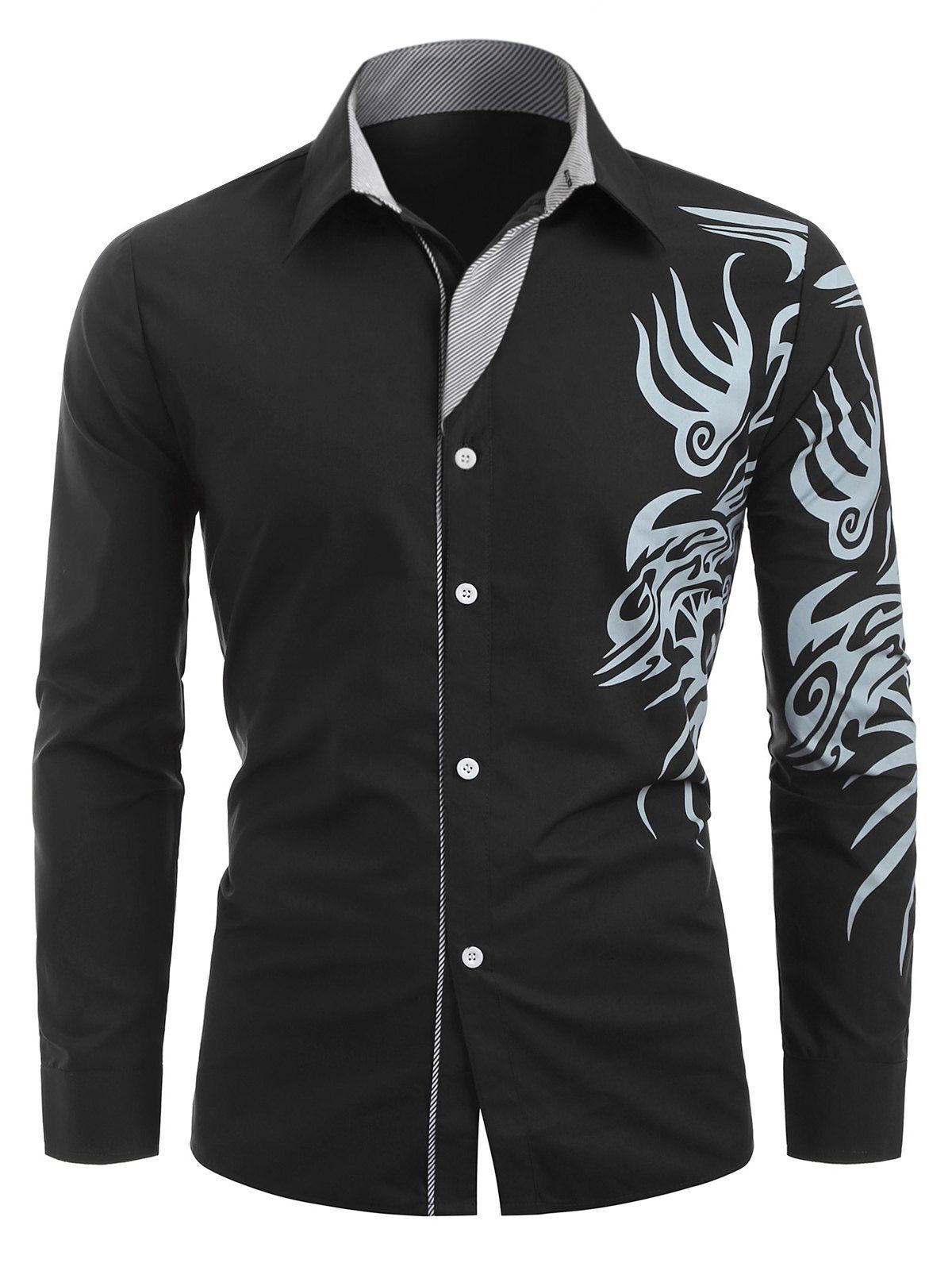 [23% OFF] 2020 Tattoo Print Button Up Long Sleeve Shirt In BLACK ...