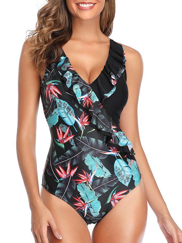 Tropical Print Ruffle Criss Cross Plunging One-piece Swimsuit - BLACK S
