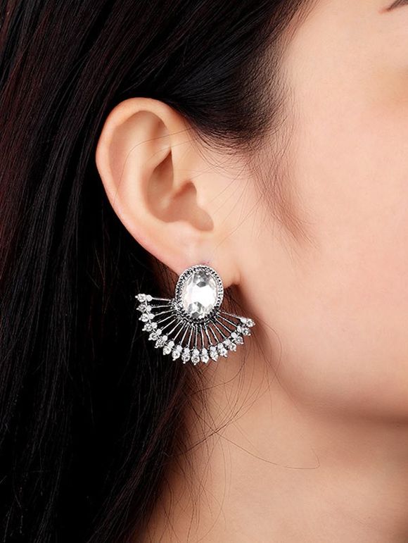 Boucles d'Oreilles Clous en Forme d'Éventail en Strass et Cristal Fantaisie - Argent 