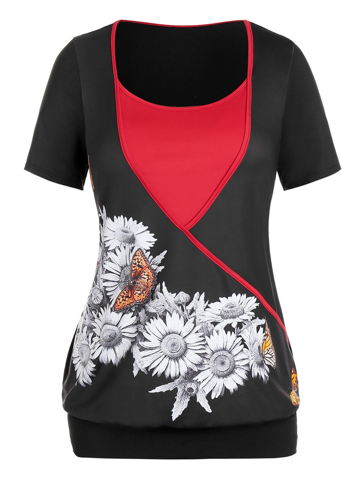 T-shirt Bicolore Papillon et Tournesol Imprimés de Grande Taille - Noir 5X