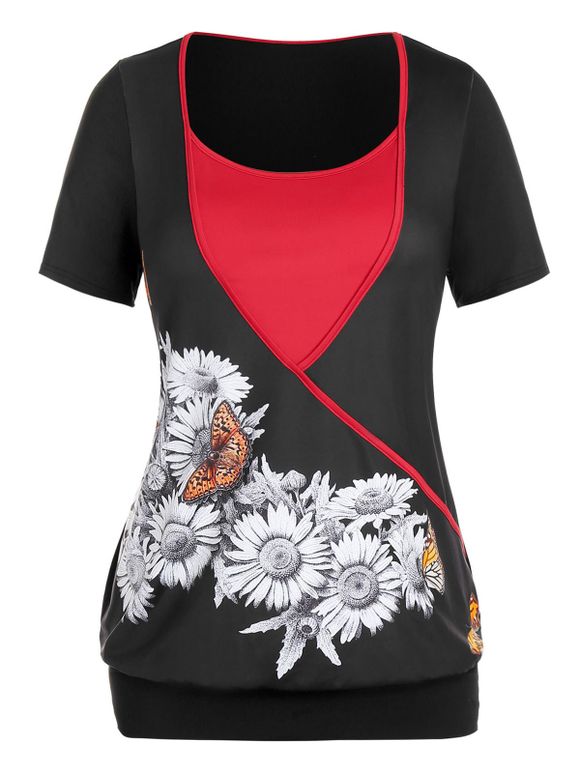 T-shirt Bicolore Papillon et Tournesol Imprimés de Grande Taille - Noir L