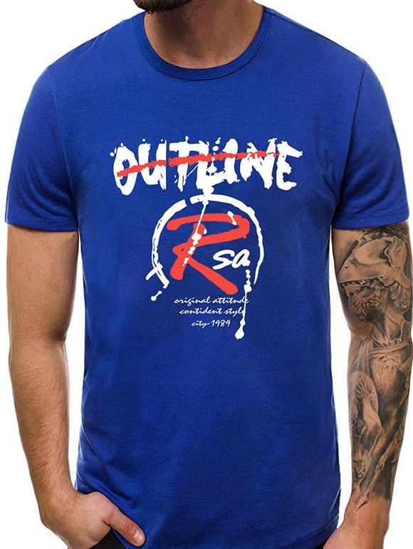 T-shirt Décontracté Motif de Lettre à Col Rond - Bleu Océan 2XL