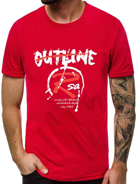 T-shirt Décontracté Motif de Lettre à Col Rond - Rouge 2XL
