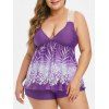 Maillot de Bain Tankini Feuille Imprimée Contrasté à Bretelle en Dentelle de Grande Taille - Pourpre 3X