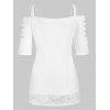 Flower Print Lace Insert Cold Shoulder Ripped T-shirt - WHITE S