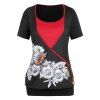 T-shirt Bicolore Papillon et Tournesol Imprimés de Grande Taille - Noir L