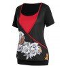 T-shirt Bicolore Papillon et Tournesol Imprimés de Grande Taille - Noir 5X