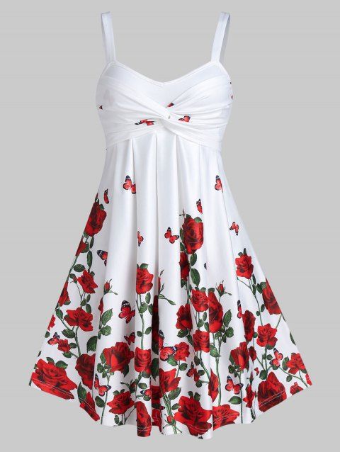 Floral Rose Print Sundress Twisted Cami A Line Dress