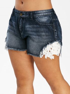 Plus Size Contrast Lace Denim Shorts