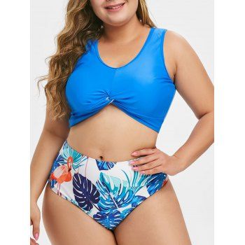 Women Twist Hem Flamingo Leaves Print Plus Size Tankini Swimsuit Swimsuit Beachwear 4x Blue