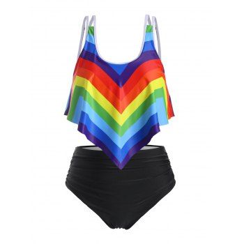 

Rainbow Stripes Flounces Strappy Ruched Plus Size Tankini Swimsuit, Multicolor