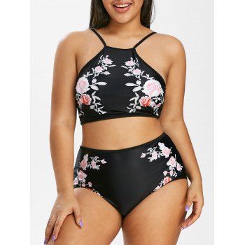 

Plus Size Floral Pattern Cami Tankini Swimsuit, Black
