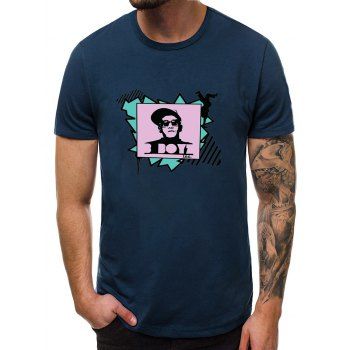 

Character Print Casual Short Sleeves T-shirt, Cadetblue