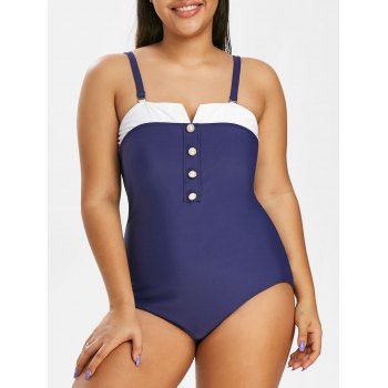 

Plus Size V Cut Mock Button Backless Swimwear, Cobalt blue