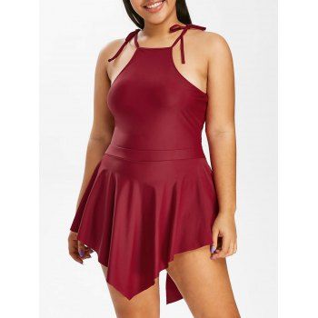 

Plus Size Skirted Lace Up One-piece Swimsuit, Red wine