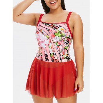 

Plus Size Floral Print Mesh Flounce Tankini Swimwear, Red