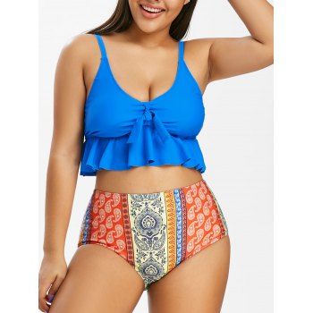 

Plus Size Font Knot Flounce Paisley Print Tankini Swimsuit, Dodger blue
