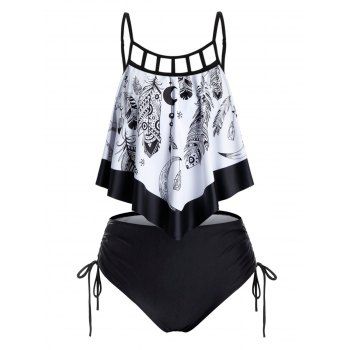 

Plus Size Feather Pattern Hanky Hem Tankini Swimsuit, Black