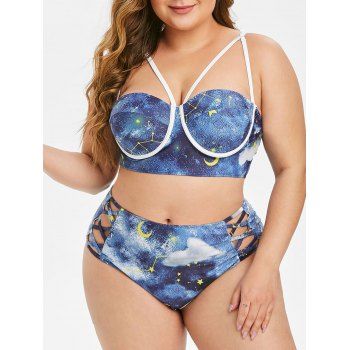 

Galaxy Star Moon Harness Push Up Plus Size Bikini Swimsuit, Deep blue