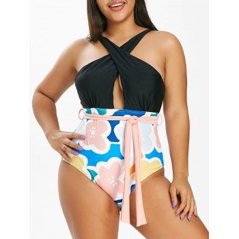 

Plus Size Floral Print Crisscross Cutout One-piece Swimsuit, Black