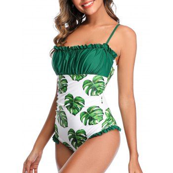 Floral Leaf Swimsuit One-piece Ruched Bust Frilled Swimwear dresslily imagine noua 2022