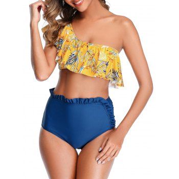 

Leaf Print Ruffle One Shoulder High Waisted Bikini Swimwear, Sun yellow