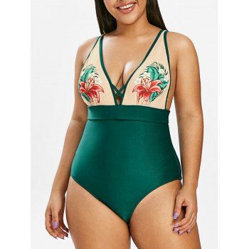 

Plus Size Plunging Neckline Floral Print One-piece Swimwear, Sea turtle green