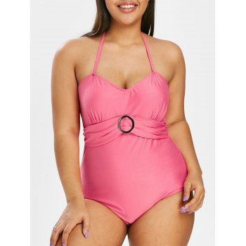Plus Size Halter O Ring Ruched One-piece Swimsuit