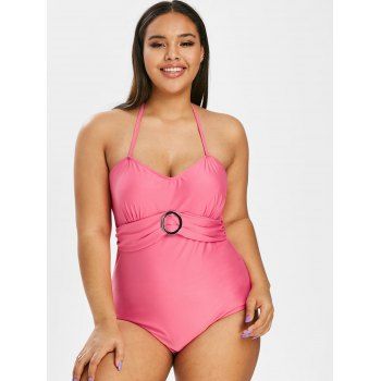 

Plus Size Halter O Ring Ruched One-piece Swimsuit, Hot pink