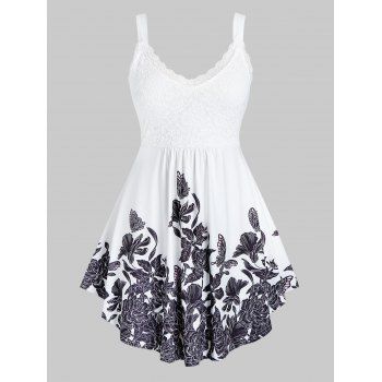 

Plus Size Flower Print Lace Panel Tank Top, White