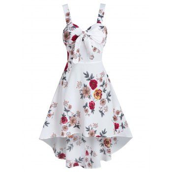 

Floral Print Sleeveless Knotted High Low Dress, White
