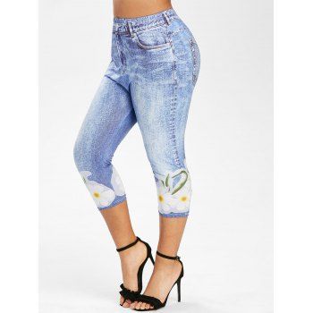 

Plus Size Floral 3D Denim Print Cropped Leggings, Denim blue