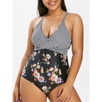 

Plus Size Floral Striped Crossover Plunging Swimsuit, Black