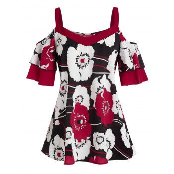 

Plus Size Cold Shoulder Flower Blouse, Red wine