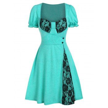 

Floral Lace Insert Corset Style Contrast Puff Sleeve Frilled A Line Dress, Medium turquoise