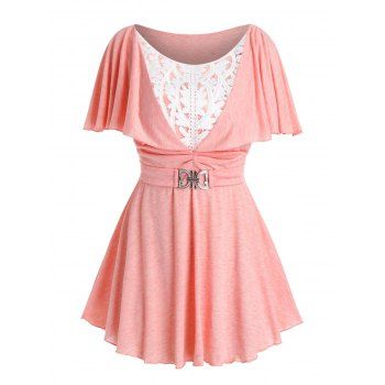 

Plus Size Lace Panel Rhinestone Embellished T Shirt, Light pink