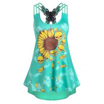 

Sunflower Skull Print Strappy High Low Tank Top, Aquamarine