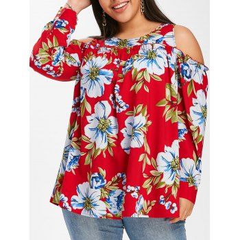 

Plus Size Flower Print Open Shoulder Blouse, Lava red