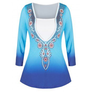 

Plus Size Flower Design Ombre T Shirt, Deep sky blue