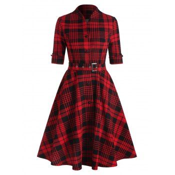

Button Belt Plaid Printed A Line Shirt Dress, Red