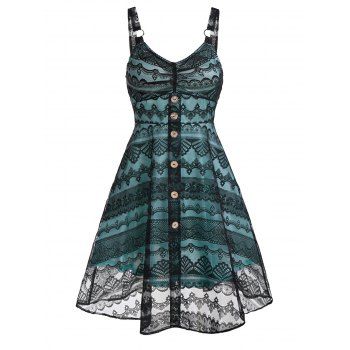

Lace Button High Waist A Line Dress, Black
