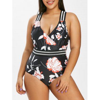 

Plus Size Floral Print Crisscross One-piece Surplice Swimsuit, Black