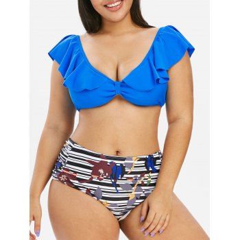

Plus Size Ruffled Floral Striped High Rise Bikini Swimwear, Ocean blue