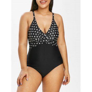 

Plus Size Polka Dot Crossover One-piece Swimsuit, Black