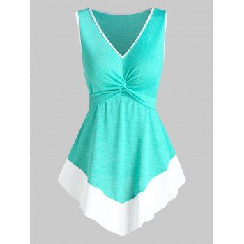 

Contrast Colorblock Tank Top Twist Front Pointed Hem Casual Tank Top, Aquamarine