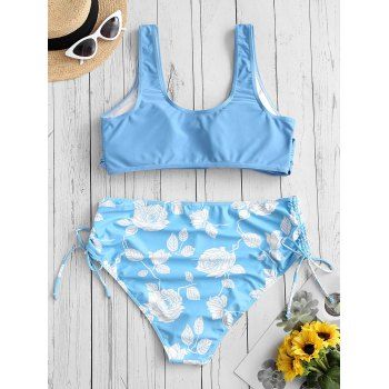 

Plus Size Leaf Flower Cinched Crossover Bikini Swimwear, Light sky blue