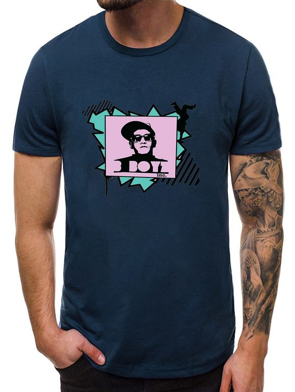 T-shirt Décontracté Caractère Imprimé à Manches Courtes - Cadetblue L